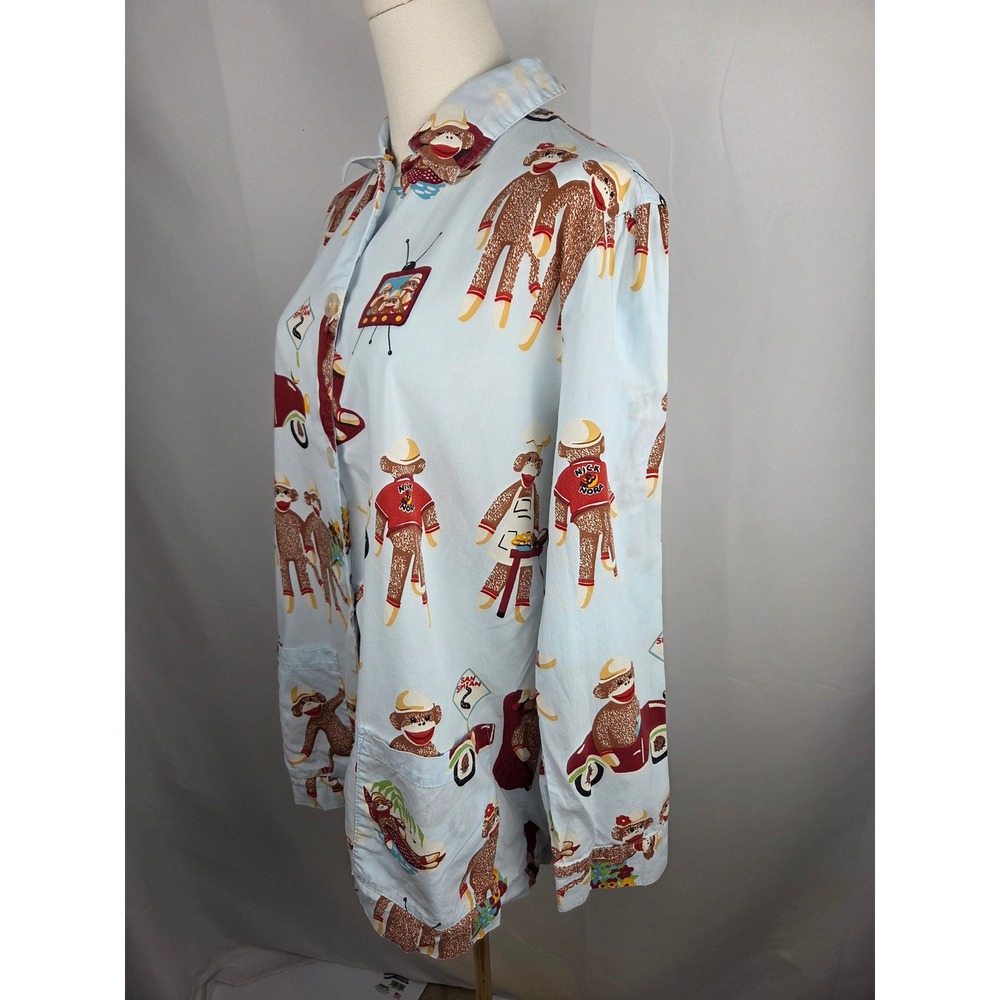 Nick & Nora Pajama Top L Blue Sock Monkey Button Front Sleep Shirt VTG Cotton - Picture 6 of 12